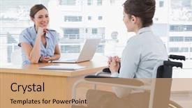  Presentation with minority candidate for job position - Slides having equal opportunity - businesswoman listening to disabled job background and a coral colored foreground