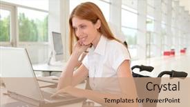  Presentation with equal opportunity - PPT layouts with equal opportunity - handicapped woman in office background and a coral colored foreground