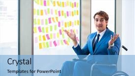  Presentation with kids wheelchair - Audience pleasing slides consisting of equal opportunity plan - young handsome man in wheelchair backdrop and a  colored foreground