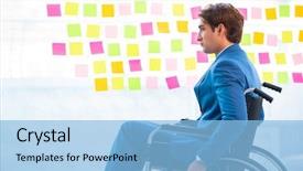  Presentation with kids wheelchair - Beautiful presentation featuring equal opportunity plan - young handsome man in wheelchair backdrop and a light blue colored foreground