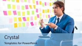  Presentation with wheelchair - Beautiful presentation design featuring equal opportunity plan - young handsome man in wheelchair backdrop and a light blue colored foreground