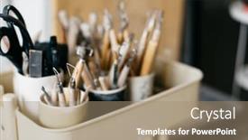  Presentation with ceramics - Slide set with tools for pottery and ceramic background and a coral colored foreground