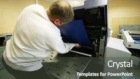  Presentation with equipment - Beautiful presentation design featuring equipment in a modern printing backdrop and a dark gray colored foreground