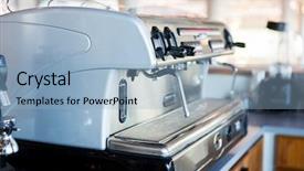  Presentation with restaurant equipment - Theme consisting of equipment object and technology concept - close up of coffee machine at bar or restaurant kitchen background and a light blue colored foreground