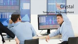  Presentation with stock trading - Colorful slide deck enhanced with equity - male stock traders working backdrop and a light blue colored foreground