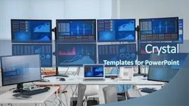  Presentation with flower office desk table - Theme featuring equity - monitors with stock data background and a ocean colored foreground