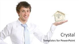  Presentation with house - Audience pleasing theme consisting of equity debt - business man holding a house backdrop and a  colored foreground