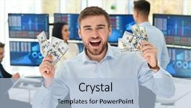  Presentation with trader - Colorful slide deck enhanced with equity stocks - happy male stock trader backdrop and a light blue colored foreground