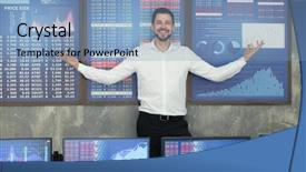 Presentation with trader - Presentation theme enhanced with equity stocks - successful male stock trader background and a light blue colored foreground