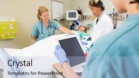  Presentation with digital hospital - Slide set featuring er - nurse holding digital tablet while background and a light blue colored foreground