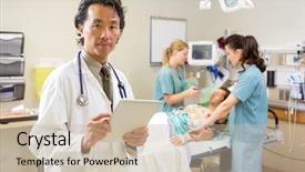  Presentation with digital hospital - Amazing PPT theme having er - portrait of mid adult doctor backdrop and a soft green colored foreground