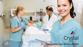  Presentation with digital hospital - Beautiful PPT theme featuring er - portrait of nurse with digital backdrop and a light blue colored foreground