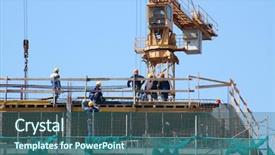  Presentation with angry construction workers - PPT theme enhanced with erection equiments - group of construction workers working background and a  colored foreground
