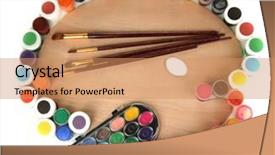  Presentation with art historical painting - PPT layouts consisting of ergonomics children - wooden art palette with brushes background and a  colored foreground
