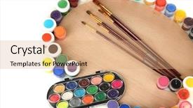  Presentation with art - Colorful PPT layouts enhanced with ergonomics children - wooden art palette with brushes backdrop and a coral colored foreground