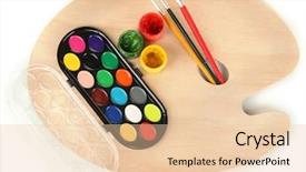 Presentation with art - PPT theme consisting of ergonomics children - wooden art palette with brushes background and a  colored foreground