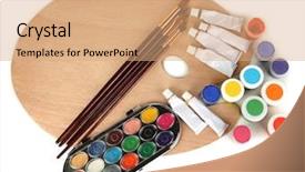  Presentation with art - Colorful PPT layouts enhanced with ergonomics children - wooden art palette with brushes backdrop and a coral colored foreground