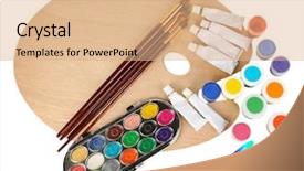  Presentation with art - Slide deck enhanced with ergonomics children - wooden art palette with brushes background and a coral colored foreground