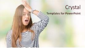  Presentation with memory - Slide deck having errow - young beautiful brunette woman wearing background and a  colored foreground