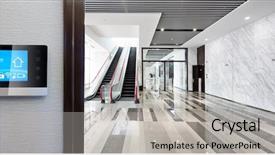  Presentation with smart building - Presentation theme consisting of escalator in modern office building background and a light gray colored foreground