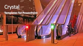  Presentation with bus station - Presentation design having escalators bus and bicycle background and a tawny brown colored foreground