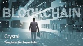  Presentation with cryptocurrency - Cool new theme with escape world - businessman in blockchain cryptocurrency concept backdrop and a seafoam green colored foreground