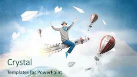  Presentation with rocket - Slides having escape world - girl on rocket mixed media background and a sky blue colored foreground