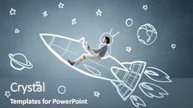  Presentation with rocket - Colorful PPT layouts enhanced with escape world - woman in drawn rocket mixed backdrop and a seafoam green colored foreground
