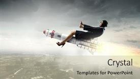  Presentation with rocket - PPT layouts consisting of escape world - woman on space rocket mixed background and a soft green colored foreground
