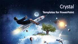  Presentation with rocket - Slide set consisting of escape world - woman on space rocket mixed background and a navy blue colored foreground