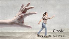  Presentation with casual young people - Audience pleasing presentation theme consisting of escaping from big male hand backdrop and a  colored foreground