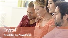  Presentation with support group online - Audience pleasing theme consisting of eshopping - group of friends using laptop backdrop and a coral colored foreground