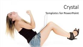  Presentation with laptop - Amazing PPT layouts having eshopping - happy woman using laptop isolated backdrop and a white colored foreground