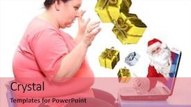  Presentation with gifs christmas - PPT theme featuring eshopping - overweight woman buying christmas gifts background and a coral colored foreground