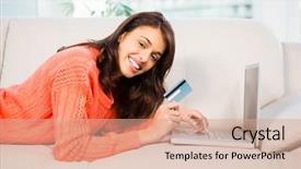  Presentation with home based wound care - Colorful PPT theme enhanced with eshopping - smiling woman using laptop while backdrop and a coral colored foreground