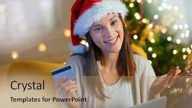  Presentation with sexy santa woman red - Presentation theme enhanced with eshopping - woman with santa hat buying background and a coral colored foreground