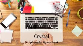  Presentation with role play woman and man - PPT theme having eshopping - woman working on laptop placed background and a coral colored foreground