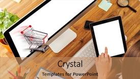  Presentation with working - Theme with eshopping - woman working with pc placed background and a coral colored foreground