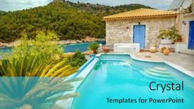  Presentation with jumping into a pool - Audience pleasing presentation theme consisting of espagna - swimming pool on island backdrop and a cyan colored foreground