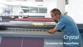  Presentation with printing industry - Cool new slide deck with espertise man in transfer printing backdrop and a ocean colored foreground