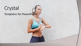  Presentation with smartwatch - Theme enhanced with esport - smiling young sportswoman in headphones background and a light gray colored foreground