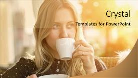  Presentation with coffee - Presentation theme having espresso - beautiful blonde female drink coffee background and a yellow colored foreground