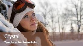  Presentation with sports wear ski goggles - Audience pleasing slides consisting of esquiso - young sporty woman in ski backdrop and a tawny brown colored foreground