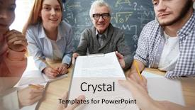  Presentation with teacher and students - Presentation theme featuring essay - happy teacher giving paper background and a coral colored foreground