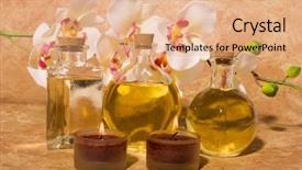  Presentation with oils - Audience pleasing presentation consisting of essential body massage oils in bottles for bodycare backdrop and a coral colored foreground