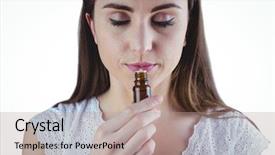  Presentation with alternative - Beautiful PPT layouts featuring essential oil - pretty woman taking alternative tincture backdrop and a coral colored foreground