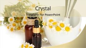  Presentation with chamomile - Audience pleasing presentation theme consisting of essential oil and chamomile flowers in mortar isolated on white backdrop and a blonde colored foreground