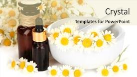  Presentation with essential oil - Beautiful presentation design featuring essential oil and chamomile flowers in mortar close up backdrop and a blonde colored foreground