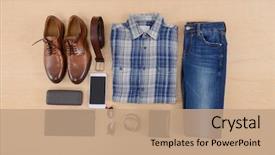  Presentation with fashion accessories - Slides having business essentials - men's mans fashion and accessories-wooden background and a coral colored foreground