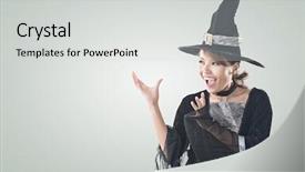  Presentation with magic - Amazing slide deck having est mago - asian witch woman using magic backdrop and a light gray colored foreground
